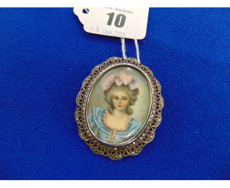 A Victorian White metal and  hand painted portrait  brooch