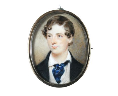 English School (19th Century) A pair of portrait miniatures of a brother and sister; he in a blue coat and tie, she in a whit