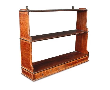 A Regency mahogany and satinwood tiered wall shelf, crossbanded decoration, with two small drawers and brass drop handles 54 