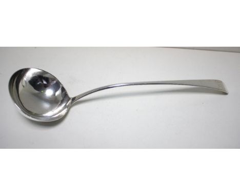 A George III silver Old English pattern soup ladle, bottom marked but illegible, monogrammed, 34cm, 5.4oz  Repaired split to 