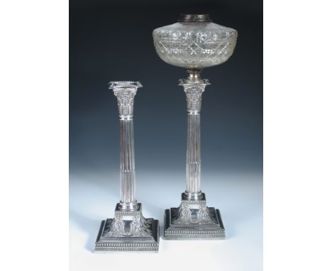 A Victorian silver column table lamp, by James Dixon & Sons, Sheffield 1890 raised from a square beaded and embossed base bel