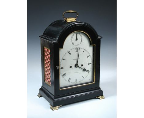 A 19th century ebonised bracket Clock by Webster, London, the breakarch enamel dial with strike/silent and Roman numerals, tw