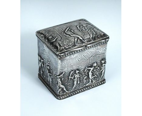 A small Victorian silver tea caddy, by Thomas Hayes, Birmingham 1894, rectangular, the body profusely embossed with neo-class