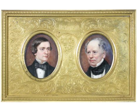 English School (19th Century) A pair of portrait miniatures, possibly father and son, in white shirts and black cravats, fram