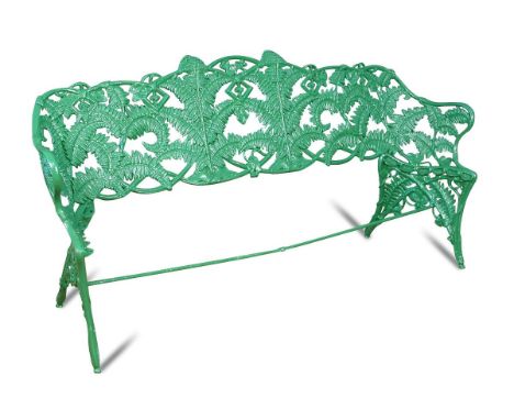 A Coalbrookdale style Fern pattern cast iron garden bench, green painted, lacking seat slatts 92 x 190cm (36 x 74in) 