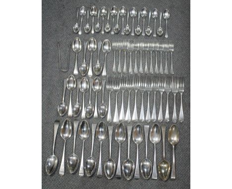 A matched part service of silver Old English pattern flatware, comprising:- thirteen table spoons (4 x Thomas Hayter, London 