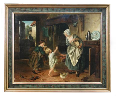 R MacKillick (Scottish, 19th Century) A Mother with her children in a Scottish farmhouse signed lower right “R MacKillick” oi