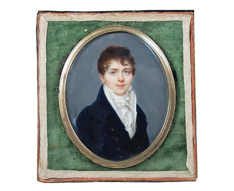 Louise Andre Fabre (Fench, 1750-1814) Portrait miniature of a young Gentleman dressed in a navy coat with white stock and hig