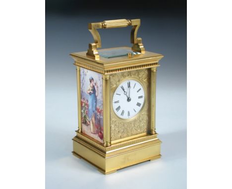 *Amended condition report* A late 19th century French repeating carriage clock with painted porcelain panels, the circular en