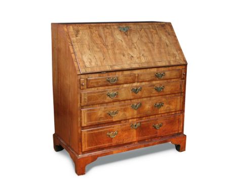 An 18th century walnut bureau, internally fitted with a well compartment, inlaid border decoration, on bracket feet 104 x 93 