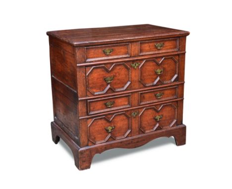 A James II oak chest of drawers, geometric drawer fronts on later bracket feet 90 x 90 x 57cm (35 x 35 x 22in) 