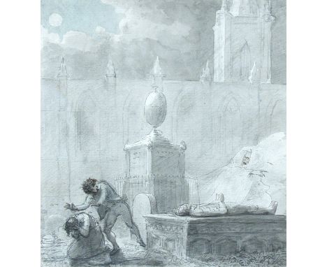 Sir Nathaniel Dance (British, 1734-1811) A ghost appearing by moonlight to frighten a man and a woman in a churchyard waterco