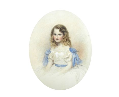 Circle of George Richmond, RA (British, 1809-1896) Portrait of a young girl in a white lace dress with blue sash and blue-rib