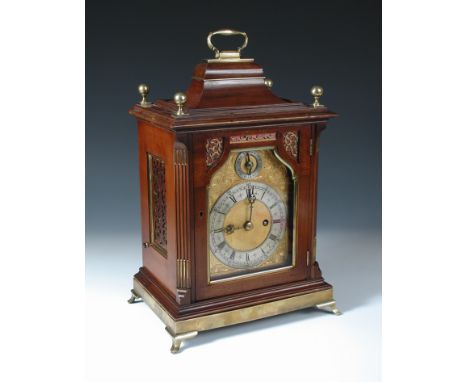 A &amp; H Rowley, London, a late Victorian mahogany bracket clock, the Georgian style case with inverted bell top and brass h