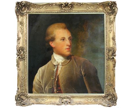 English School (18th Century) Portrait of a Gentleman, in a buff jacket and lace stock, head and shoulders oil on canvas 58 x