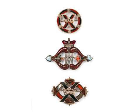 Three patriotic Scottish hardstone brooches, the first a Mary brooch, with entwined double M monogram, a thistle and fleur-de