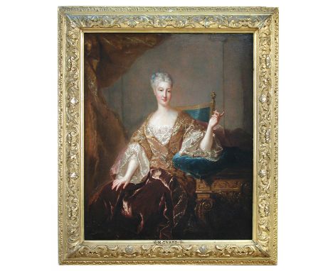 Circle of Jean Francois de Troy the Younger (French, 1679-1752) Portrait of a lady, seated, three quarter length, resting her