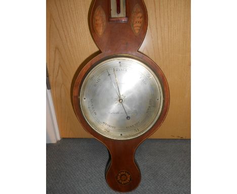 A 19th century mahogany and inlaid wheel barometer, signed ‘A. Barnaschina, Newcastle on Tyne’, the broken pediment above arc