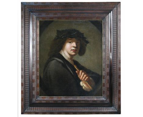 Circle of Jacob Adriaensz Backer (Dutch, 1608-1651) Portrait of a young man holding a flute, and wearing a wreath of laurel l