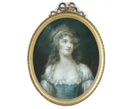 English School (19th Century) Portrait of a lady wearing a blue dress and a pink hair band pastel, in an oval gilt ribbon-tie