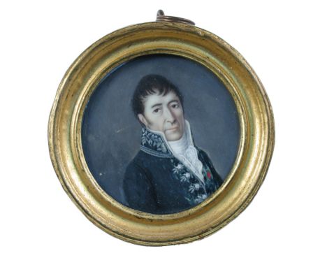 English School (19th Century) Portrait miniature of a Gentleman in a white cravat and dark jacket with floral embelishments, 