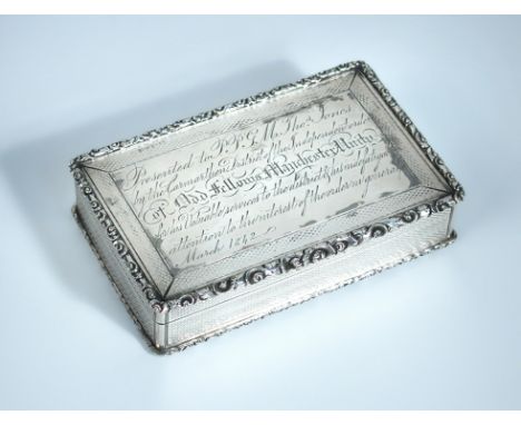 A large Victorian silver snuff box, by Francis Clark, Birmingham 1841, of rectangular shape, the body engine turned within fo