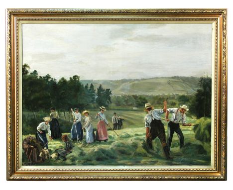 Theresa M Wilkinson (British, 20th Century) Haymakers at Seal Chart, Kent, with Knole in the distance, circa 1910 oil on canv