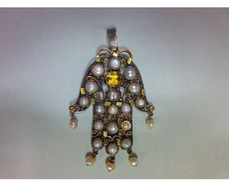 A citrine, pearl and enamel Hamsa pendant,  of pierced form like a pendant bell-flower, and tri-coloured metal structure, set