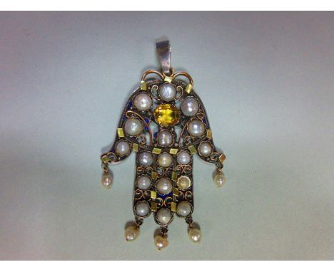 A citrine, pearl and enamel Hamsa pendant,  of pierced form like a pendant bell-flower, and tri-coloured metal structure, set