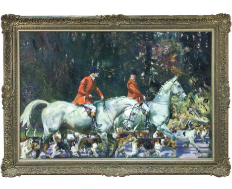 D. Michael Lyne (British, 1912-1989) Hounds moving off to a meet signed lower right “Michael Lyne” oil on canvas 70 x 106cm (