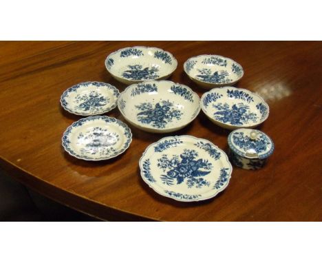 A collection of first period Worcester blue and white wares, two pairs of cress dishes each printed with the pine cone patter