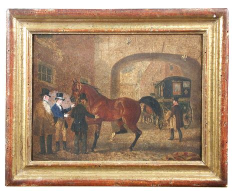 James Pollard (British, 1792-1867) The story of a bay thoroughbred and his adventures - Being examined by prospective buyers 