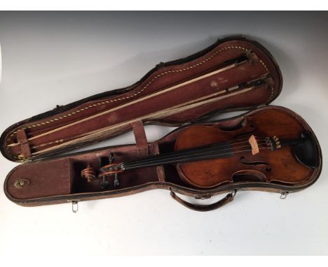 A ‘Stradivarius’ copy violin, one piece back with diagonal stripe, length 358mm, worn varnish, with bow and hard case 358mm (