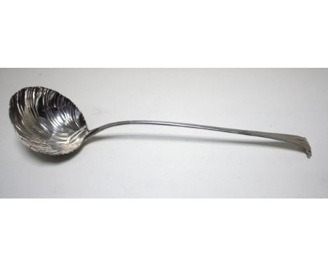 A George III silver Onslow pattern soup ladle, possibly by Richard Rugg, London circa 1770, with shell bowl, monogrammed, 34c