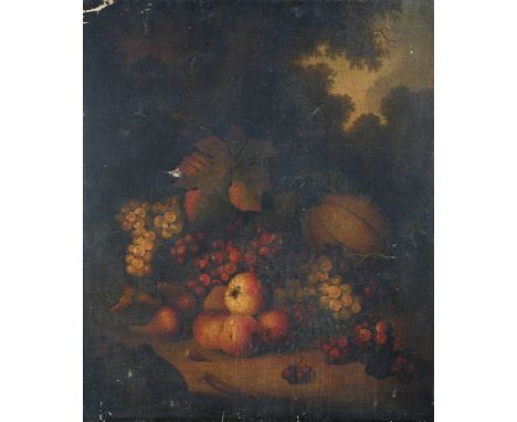 Follower of Jacob Bogdani (Hungarian, 1660-1724) Still life of a melon, grapes, apples and cobnuts on a marble shelf oil on c