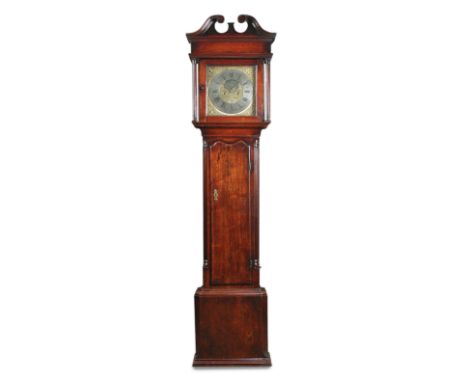 An 18th century mahogany eight day longcase clock with rocking ship automaton, the hood with swanneck pediment, above shaped 