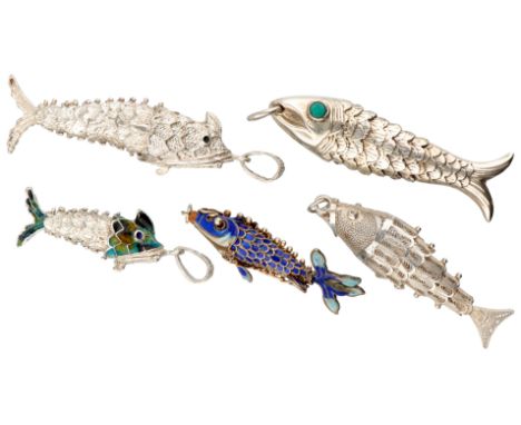 Including one fish with blue eyes in 925 silver, the others in 900 and 835 silver, two fish in enamel, two perfume pendants a