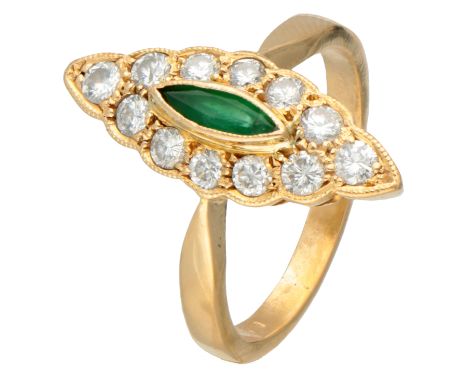 With 16 brilliant cut diamonds with a total weight of approx. 0.18 ct. (SI1 / G-H)) and a marquis cut emerald (6.20 x 1.55 x 