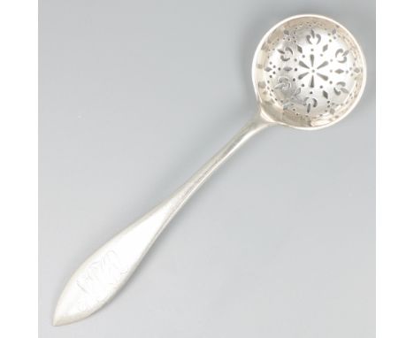 With pointed handle and openwork bowl. Belgium, c. 1820-25, hallmarks: unknown maker's mark (M in lozenge), hallmark, inscrip