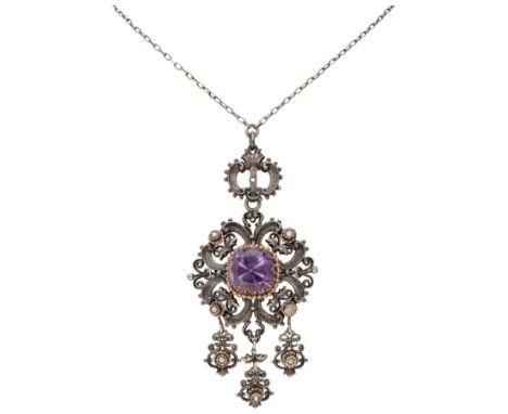 Set with one cushion cut amethyst of approx. 6.15 ct. (12.30 x 12.48 x 8.45 mm). Hallmarks: 835 Dutch assay mark and letter V