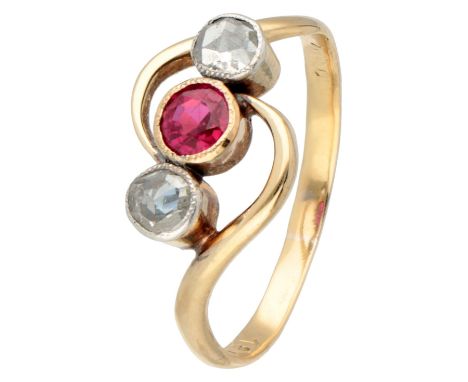 Set with one round faceted ruby (diameter 3.5 mm) and two rose cut diamonds (SI2 / K-L) set in silver. Hallmarks: 585 and 925