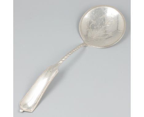 With engraved decoration on the round scoop part. The stem is twisted, the handle set with pearl rim. Netherlands, Voorschote