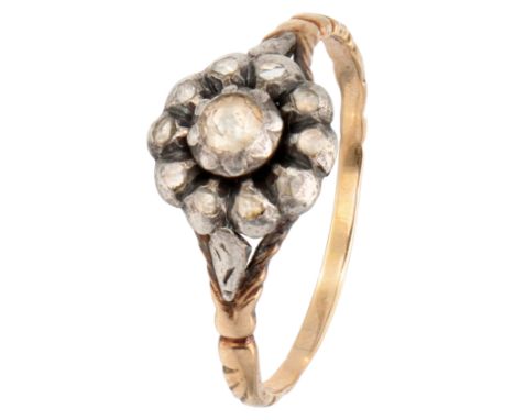 Set with 11 rose cut diamonds on foil in silver, foil is discolored. Hallmarks: 585 and 925 Dutch assay mark. In good conditi