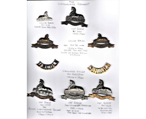 The Lincolnshire Regiment Cap Badge and Collar Badge Collection on a sheet (9) including K&amp;K: 600 1898-1946 Wear Cap Badg