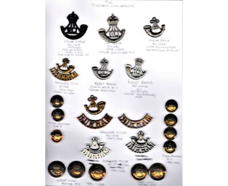 Durham Light Infantry Badge Collection including KC &amp; QC Cap Badges, Shoulder Titles and Buttons. K&amp;K: 681, 2015, 201