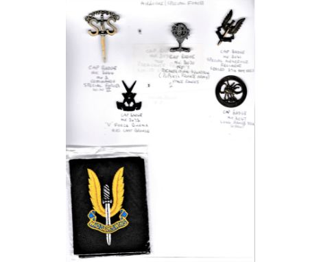 Airborne/Special Forces Cap Badges and Blazer Badge (6) No.2 Commando Special Forces, Burma 'V' Force (needs checking), No.1 