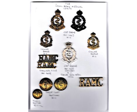Royal Army Medical Corps Badge Collection on a sheet, Two KC and one QC Cap Badges (Brass, Bronzed-Brass and Anodised K&amp;K