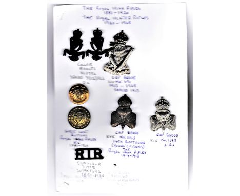 Royal Irish Rifles and Royal Ulster Rifles Collection with RIR KC Cap Badge (w/m) K&amp;K: 691 and EIIR Officers Collar Badge