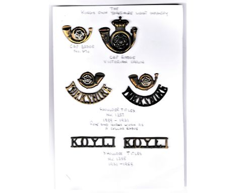 King's Own Yorkshire Light Infantry Badge Collection: Victorian Cap Badge, WWI Cap Badge (Bi-metal), slider K&amp;K: 670. Col
