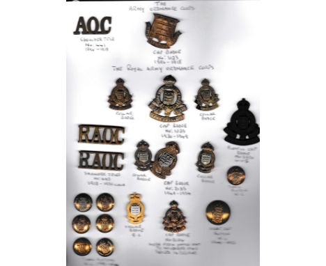 Army Ordnance Corps &amp; RAOC Collection including Cap Badges, Collar Badges (one plastic economy), Shoulder Titles and Butt